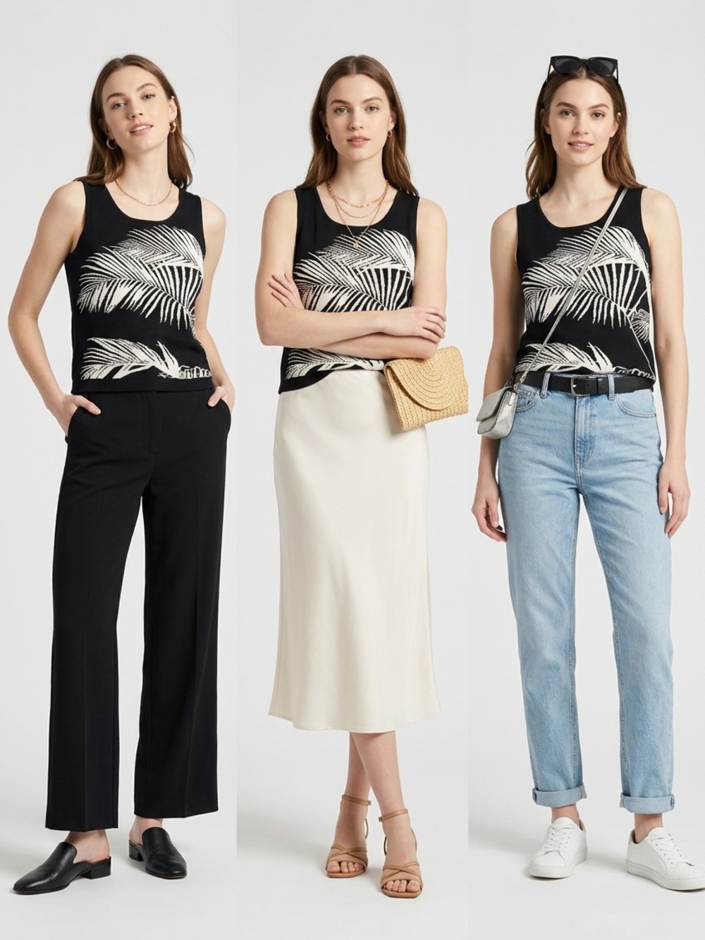 Van Heusen Black and White Palm-Print Tank